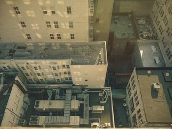 High angle view of modern buildings in city