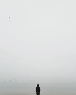 Silhouette man standing in sea against clear sky