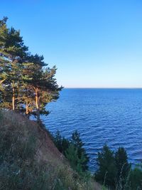 Scenic view of sea against clear blue sky