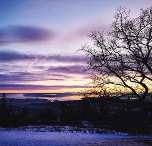 Scenic view of snow covered landscape against sky at sunset