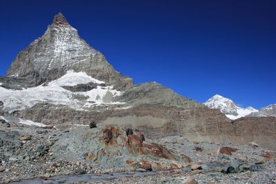 Low angle view of rock formation against clear blue sky