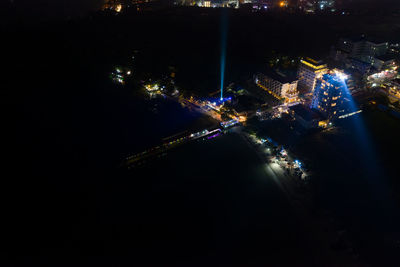 High angle view of illuminated city buildings at night