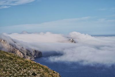 Scenic view of sea and mountains against sky