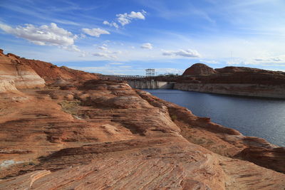 High angle view of river amidst rocky mountains