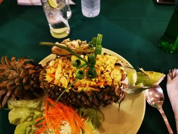 High angle view of meal served on table