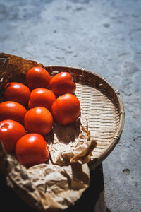 High angle view of tomatoes in basket