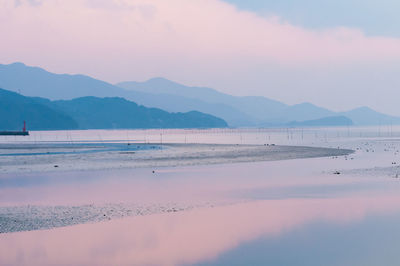 Scenic view of beach against sky during sunset