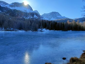 Scenic view of snowcapped mountains and lake against sky