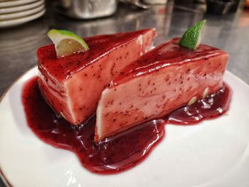 Close-up of dessert served on table