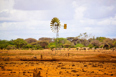 American-style windmill on field at tsavo east national park