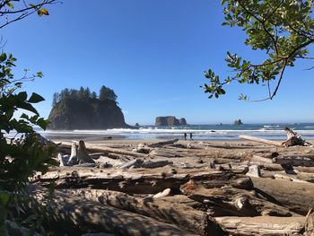 Scenic view of beach against clear blue sky