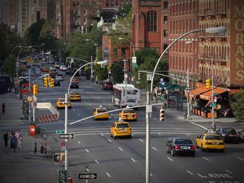 High angle view of taxis on city street