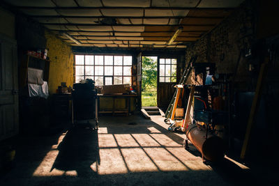 Scenic view of a car repair garage. twilight. in a garage shop. a garage workshop. 