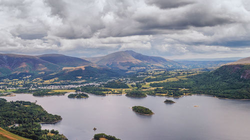 Scenic view of river and mountains against sky