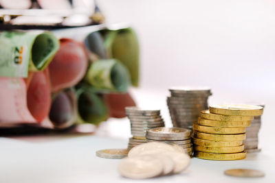 Close-up of stack of objects on table