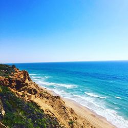 Scenic view of sea against clear blue sky