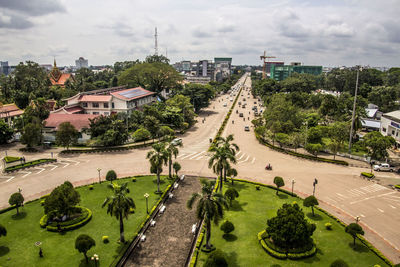 High angle view of street amidst buildings in city