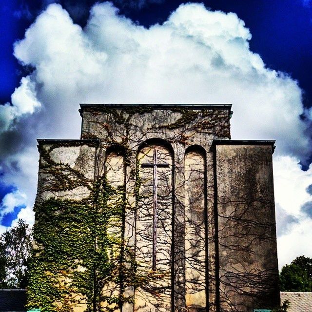 architecture, built structure, sky, low angle view, building exterior, cloud - sky, cloud, arch, history, old, cloudy, blue, tree, day, outdoors, no people, place of worship, religion, spirituality