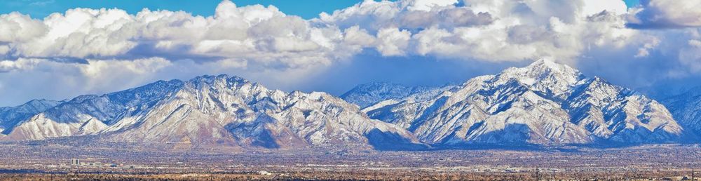 Panoramic view of snowcapped mountains against sky