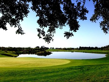 Scenic view of golf course against clear sky