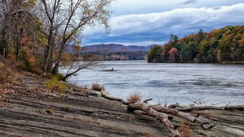 Scenic view of lake against cloudy sky