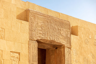 Hieroglyphs inside the temple of hatshepsut. jeser-jeseru is a masterpiece of egyptian architecture.