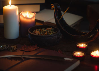 Close-up of illuminated candles on table