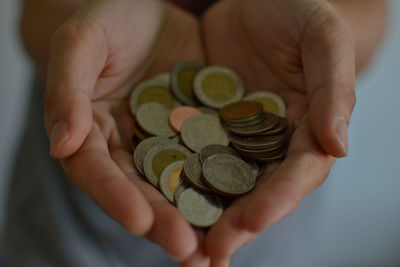 Close-up of hand holding coins