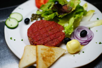 High angle view of breakfast served in plate