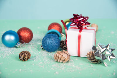 Close-up of christmas decorations on table