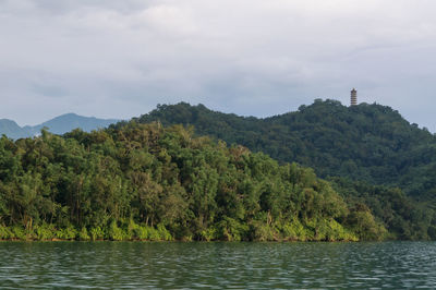 Scenic view of lake by trees against sky