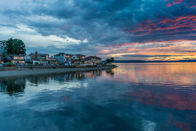 Scenic view of sea and buildings against sky during sunset