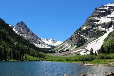 Scenic view of lake by maroon bells mountains against clear sky