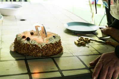 High angle view of cake on table