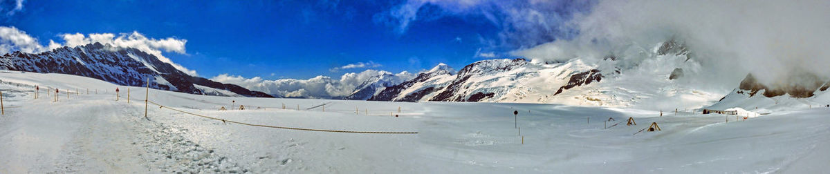 Panoramic view of snowcapped mountains against sky