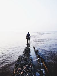 Rear view of man standing in sea against clear sky