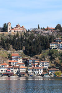 Buildings in front of river against sky