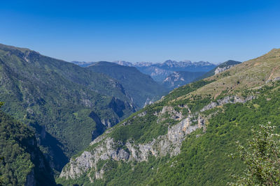 High angle view of mountains against clear blue sky