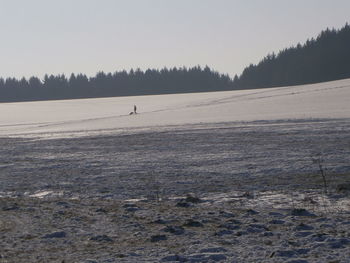 Scenic view of landscape against clear sky during winter