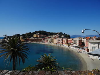 High angle view of sea against clear blue sky