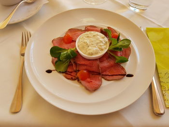 High angle view of breakfast served in plate