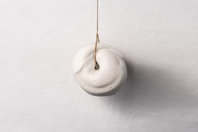 High angle view of apple hanging against white background