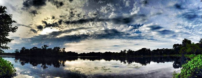 Scenic view of lake against cloudy sky