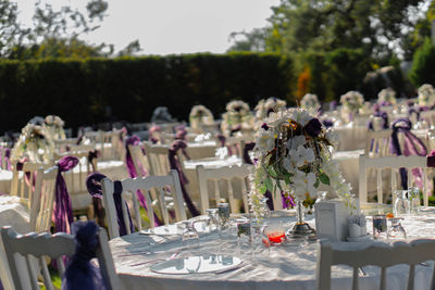 Place setting on tables against trees and sky