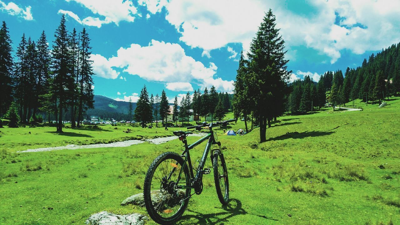 BICYCLE ON GRASSY FIELD AGAINST SKY