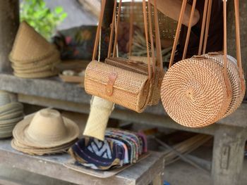 Close-up ethnic bag and hat for sale