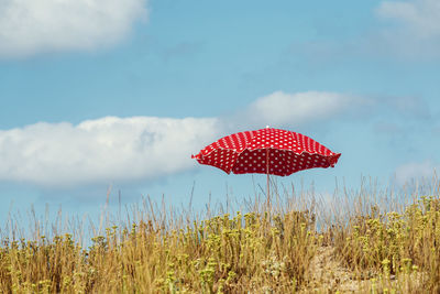 Red umbrella on land against sky