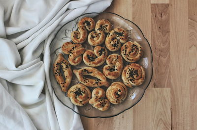High angle view of breakfast on table
