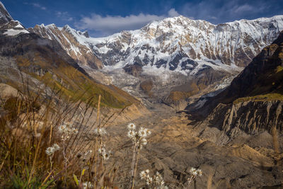 Scenic view of snowcapped mountains against sky