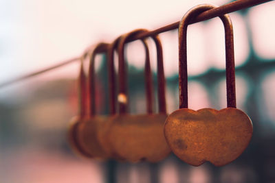 Close up of the copper lock of the love heart type